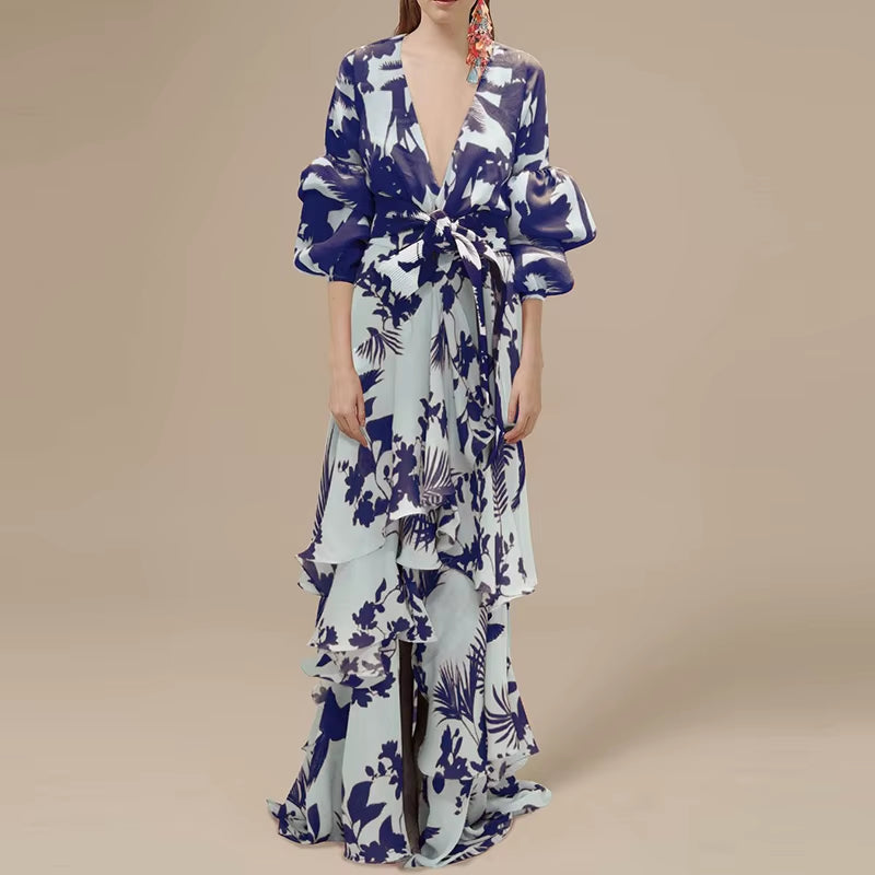 Elegant Deep V Ruffles Pattern Chiffon Dress