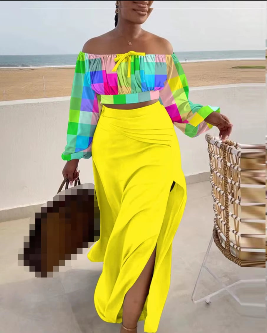 Casual off Shoulder Split Loose Long Skirt Set