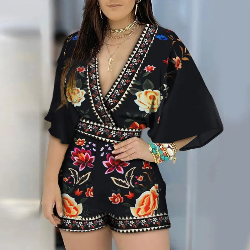 3/4 Sleeve Casual Floral Print Backless Jumpsuit