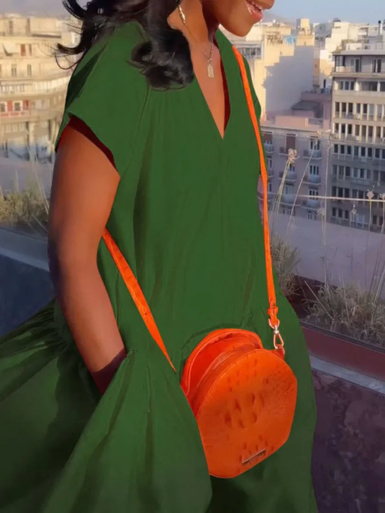 Solid Color V-Neck Loose A-Line Dress