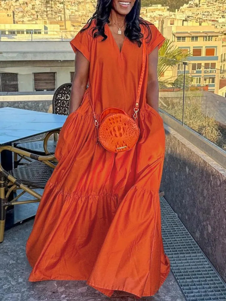 Solid Color V-Neck Loose A-Line Dress