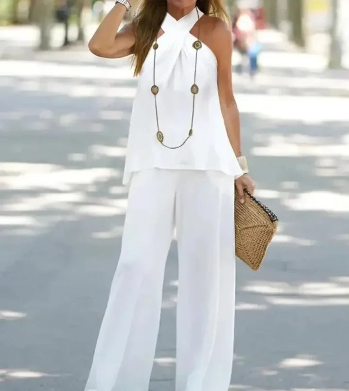 Sleeveless Halter V-Neck Top & High Waist Pants Set