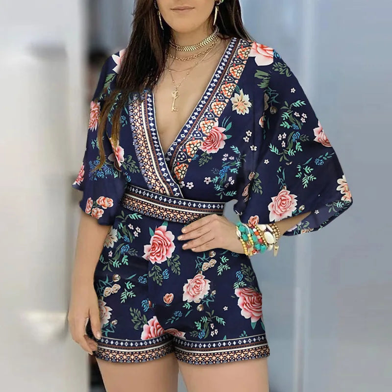 3/4 Sleeve Casual Floral Print Backless Jumpsuit