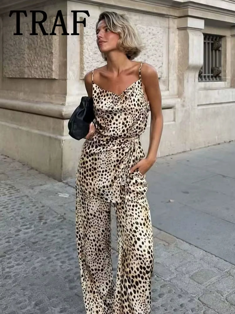 TRAF Leopard Printed Pants Sets for Women 2 Pieces 2024 New Fashion Thin Straps Top Women Suit Casual Two Piece Set Women Outfit