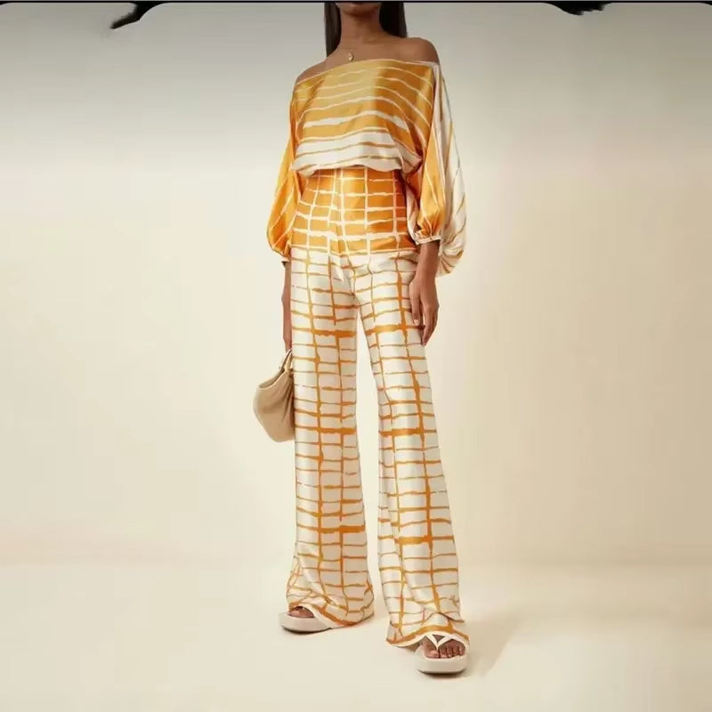 2024 New Office Women'S 2-Piece Set New Casual Wide Leg Pants Set Printed Satin Set Lantern Sleeves off Shoulder Long Sleeve