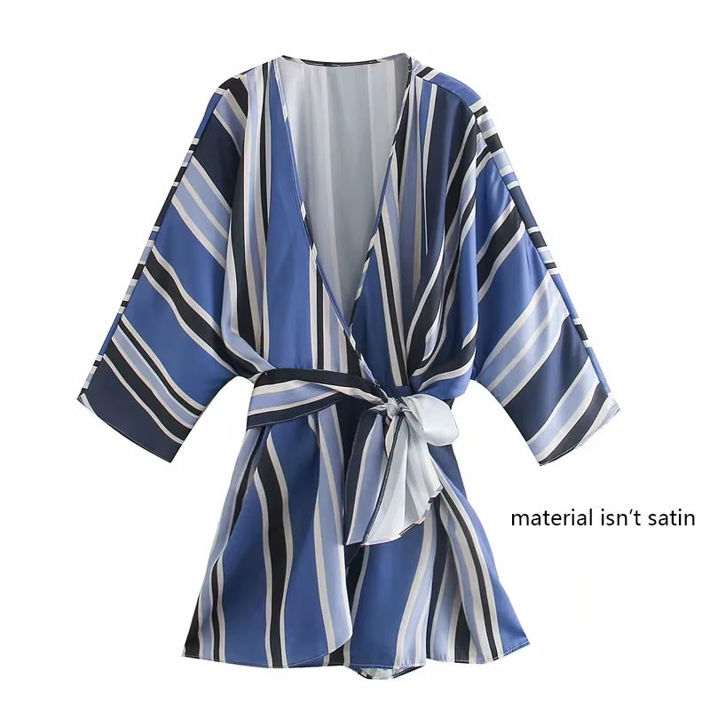 Casual Satin V Neck Stripe Women Romper