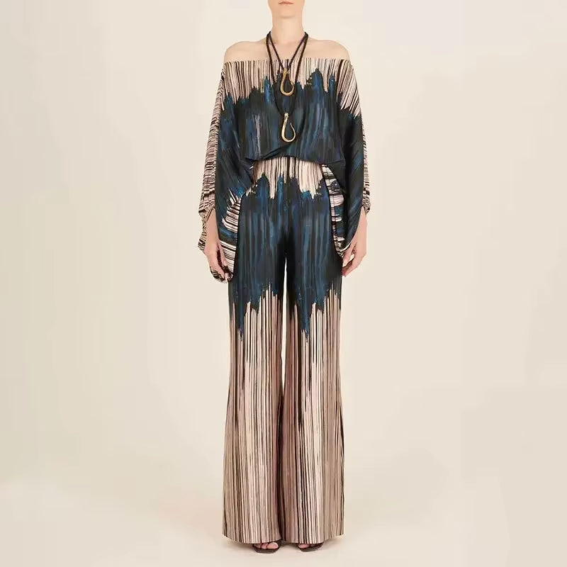 2024 New Office Women'S 2-Piece Set New Casual Wide Leg Pants Set Printed Satin Set Lantern Sleeves off Shoulder Long Sleeve