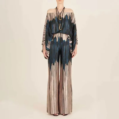 2024 New Office Women'S 2-Piece Set New Casual Wide Leg Pants Set Printed Satin Set Lantern Sleeves off Shoulder Long Sleeve