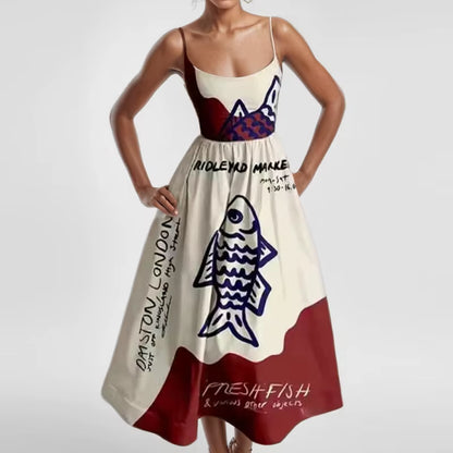 U-Neck Fish and Shrimp Print Pleated Waist Dress 