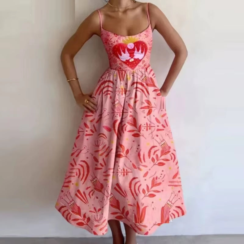 U-Neck Fish and Shrimp Print Pleated Waist Dress 