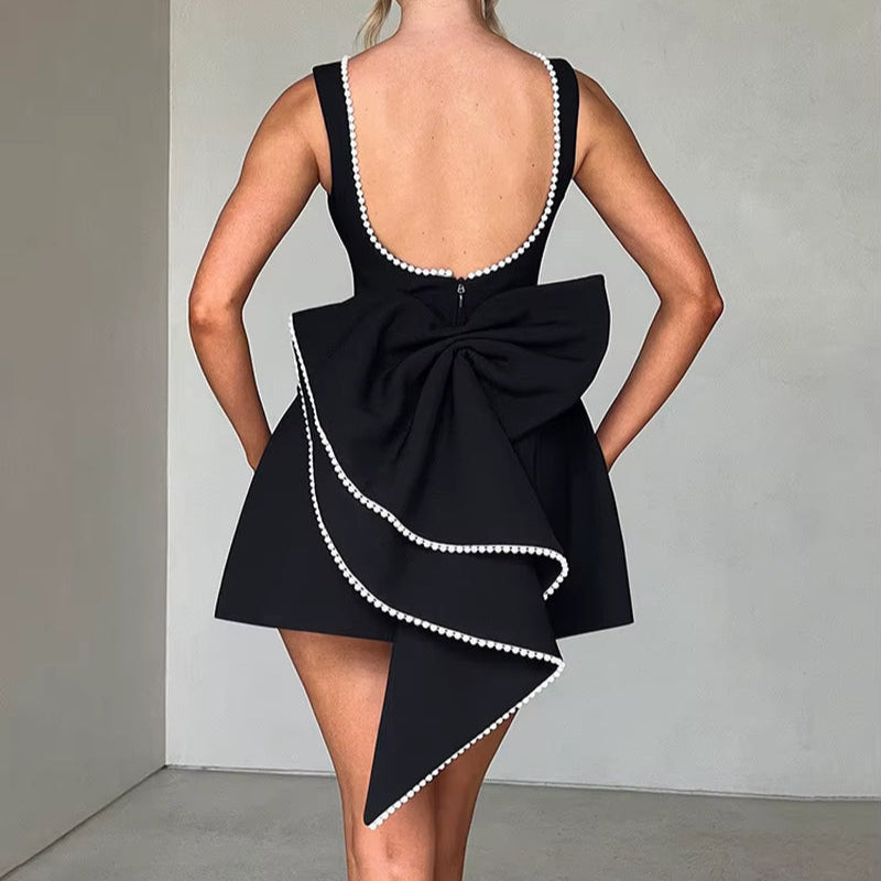 Pearl Bow Backless Sexy Mini Dress for Women Robe Fashion Zipper Sleeveless High Waist A-Line Club Party Dress Elegant