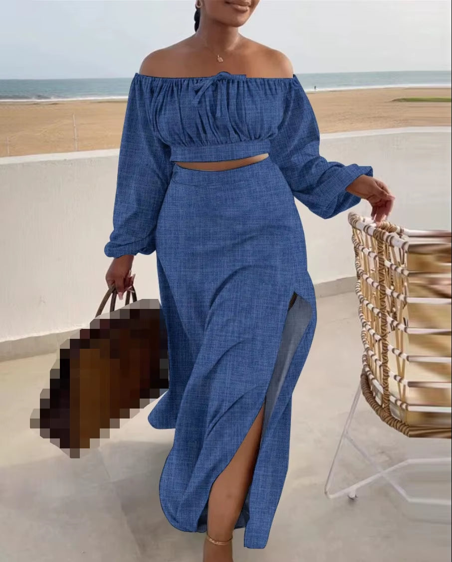 Casual off Shoulder Split Loose Long Skirt Set