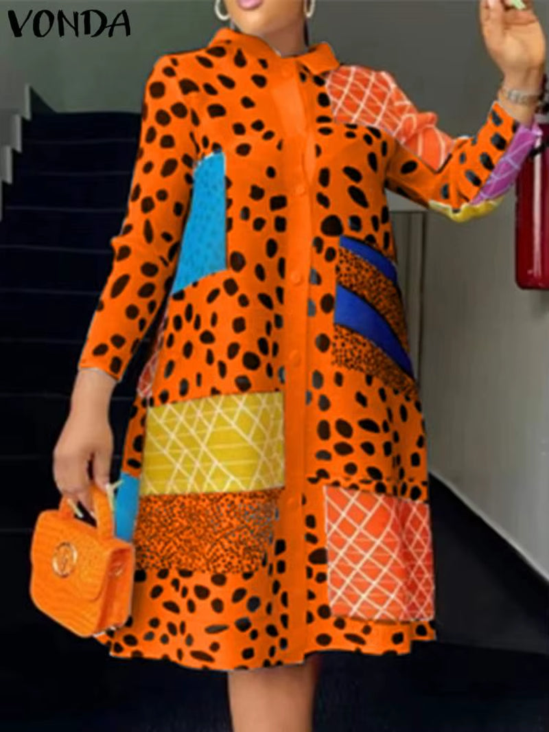 Long Sleeve Leopard Lapel Printed Dress