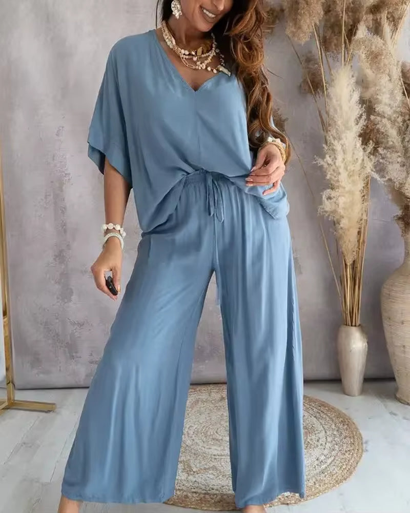 Summer White Two Piece Set for Women V Neck Bat Sleeve Top Casual Loose Lace up Wide-Leg Pants 2 Piece Suit Home Outfits Women'S