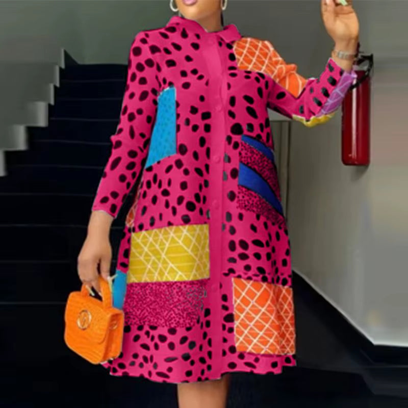 Long Sleeve Leopard Lapel Printed Dress