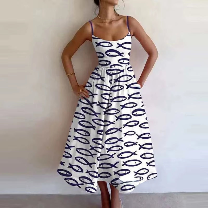 U-Neck Fish and Shrimp Print Pleated Waist Dress 