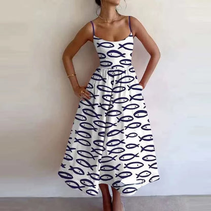 U-Neck Fish and Shrimp Print Pleated Waist Dress 