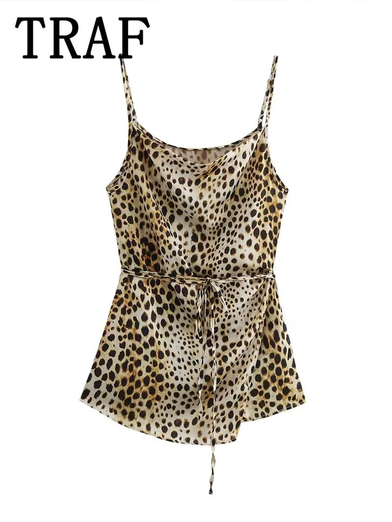 TRAF Leopard Printed Pants Sets for Women 2 Pieces 2024 New Fashion Thin Straps Top Women Suit Casual Two Piece Set Women Outfit