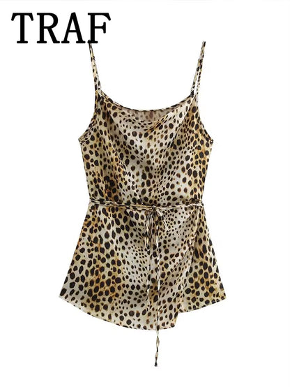 TRAF Leopard Printed Pants Sets for Women 2 Pieces 2024 New Fashion Thin Straps Top Women Suit Casual Two Piece Set Women Outfit