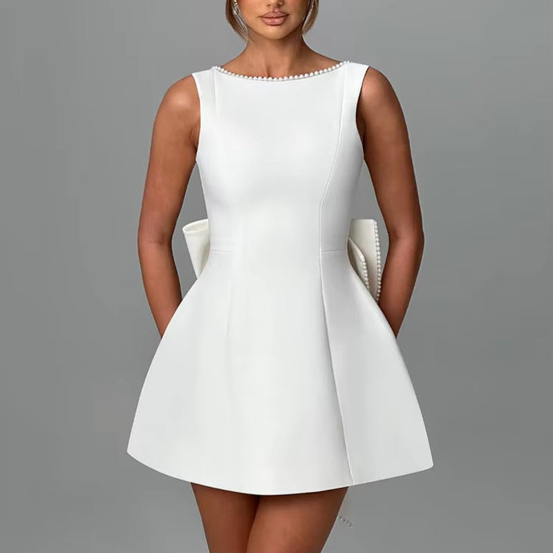 Pearl Bow Backless Sexy Mini Dress for Women Robe Fashion Zipper Sleeveless High Waist A-Line Club Party Dress Elegant