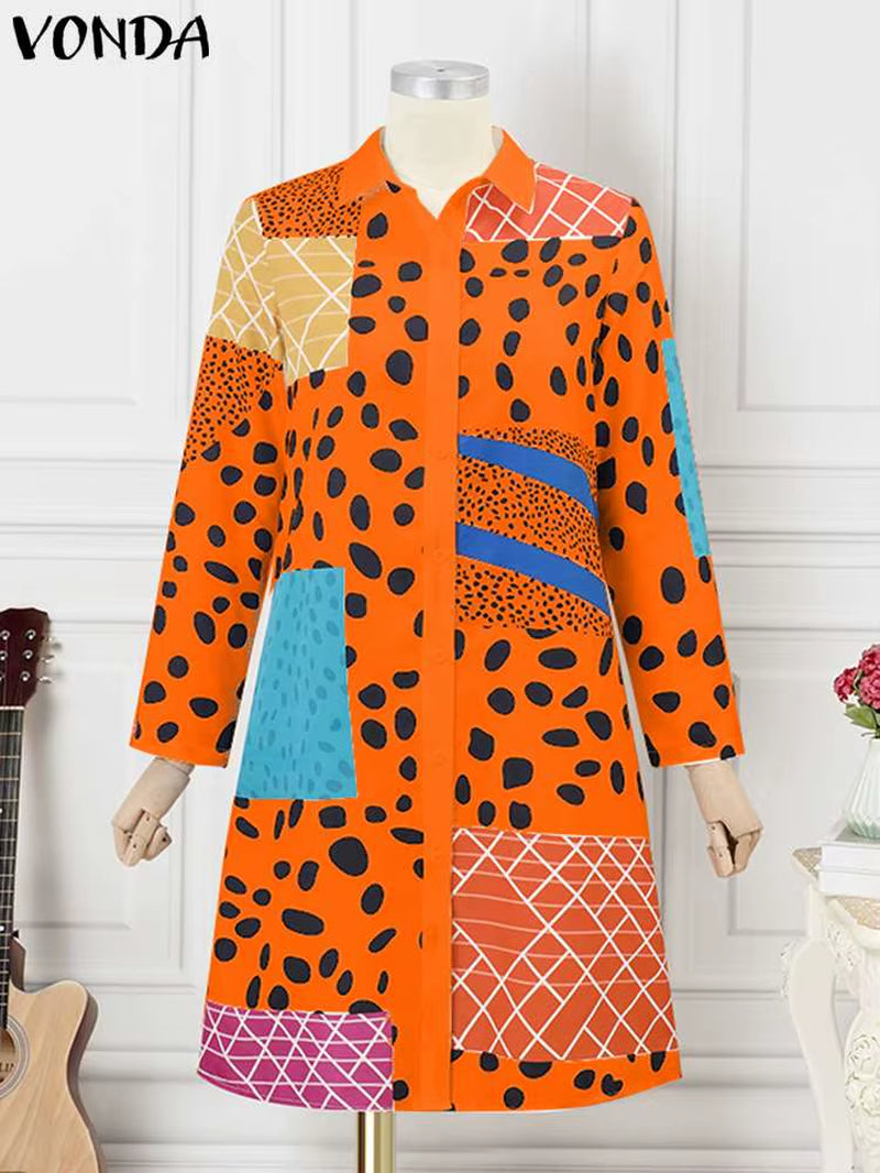 Long Sleeve Leopard Lapel Printed Dress