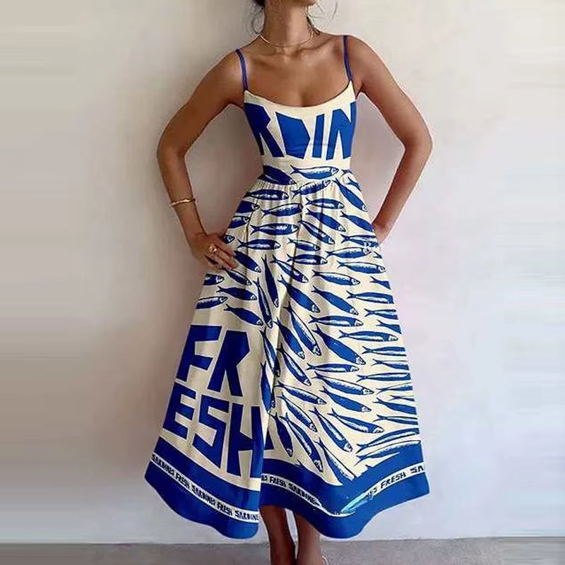 U-Neck Fish and Shrimp Print Pleated Waist Dress 