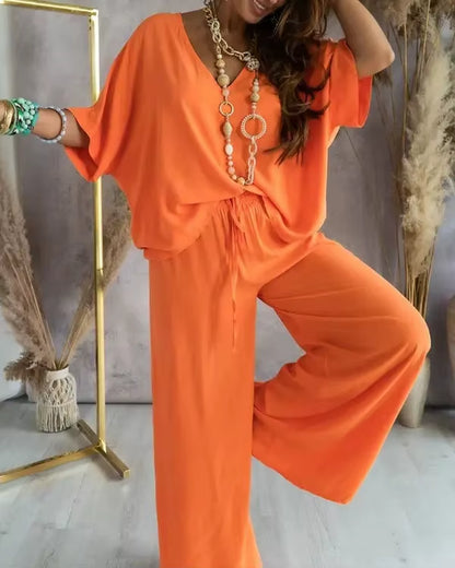 Summer White Two Piece Set for Women V Neck Bat Sleeve Top Casual Loose Lace up Wide-Leg Pants 2 Piece Suit Home Outfits Women'S