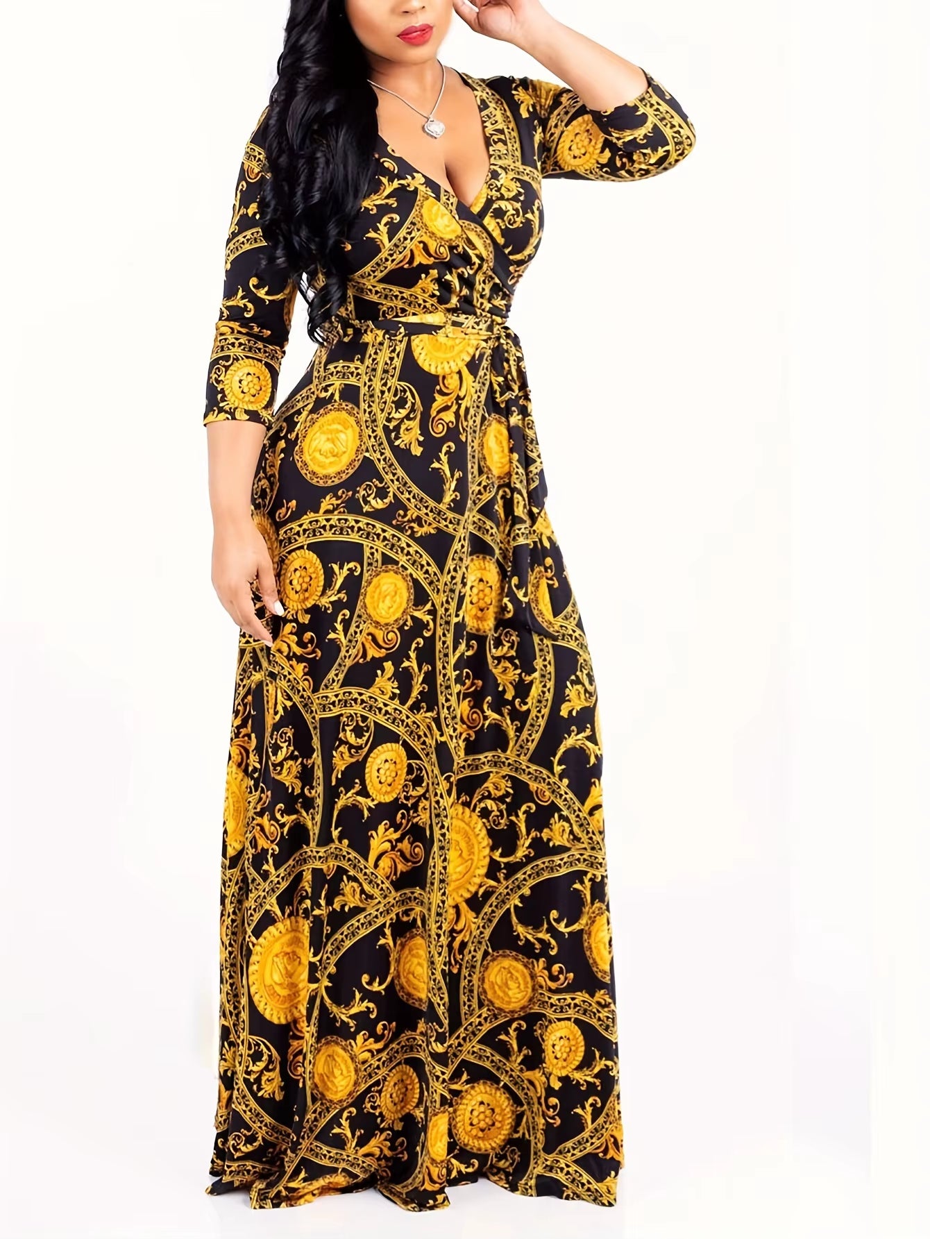 Women Sexy Bodycon Beach Bohemian Maxi Splicing Floral Print Dress for Women Casual Summer Sundress V-Neck 3/4 Sleeve