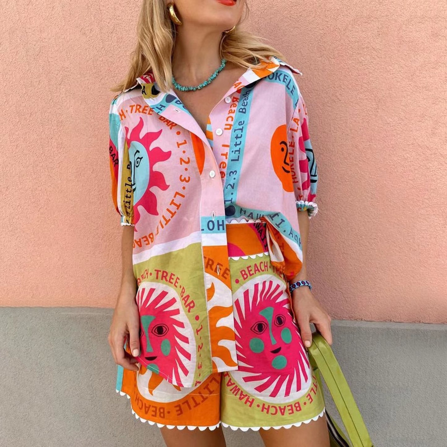 Short Sleeve Vintage Sun Print Top & Shorts