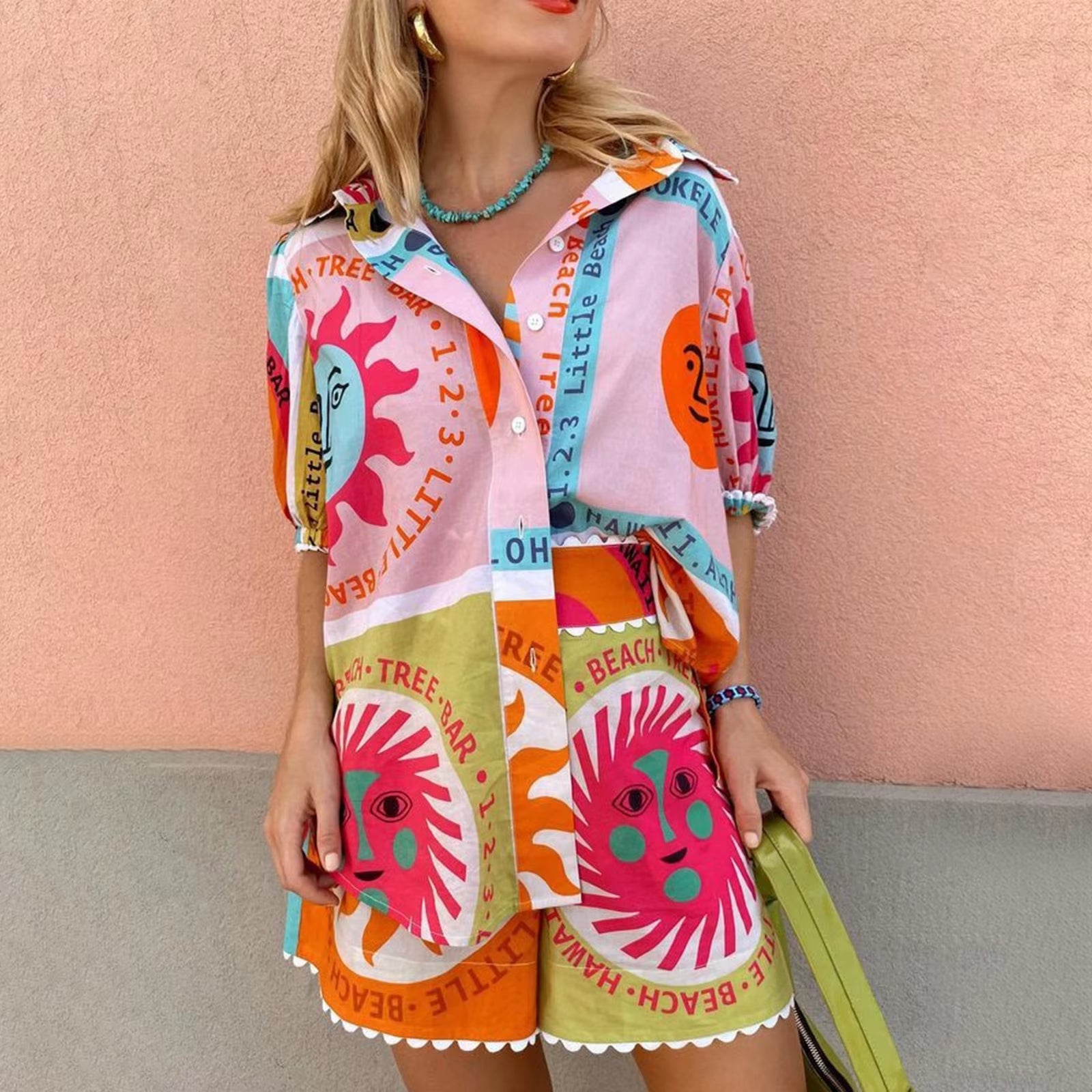 Short Sleeve Vintage Sun Print Top & Shorts