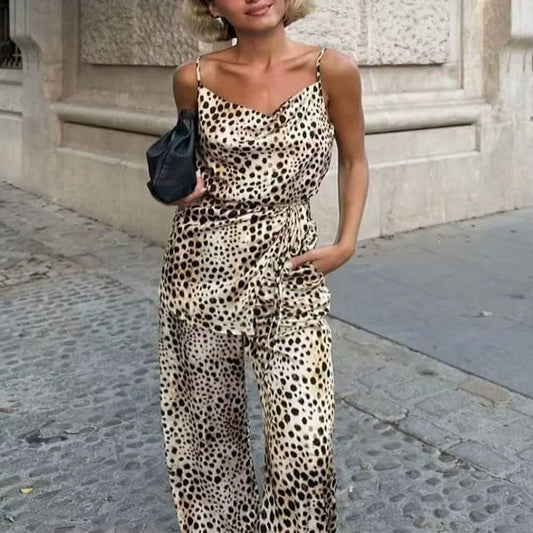 TRAF Leopard Printed Pants Sets for Women 2 Pieces 2024 New Fashion Thin Straps Top Women Suit Casual Two Piece Set Women Outfit