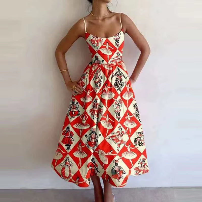 U-Neck Fish and Shrimp Print Pleated Waist Dress 