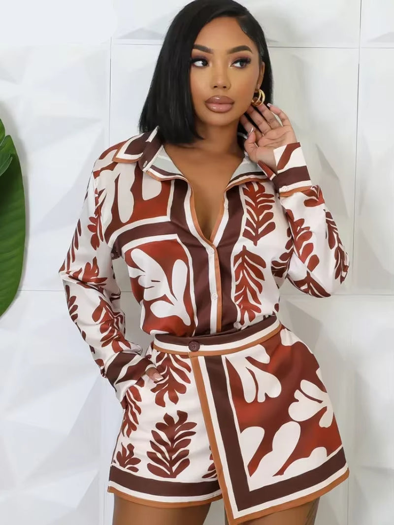 Full Sleeve Print Shirt and Irregular Shorts Suit