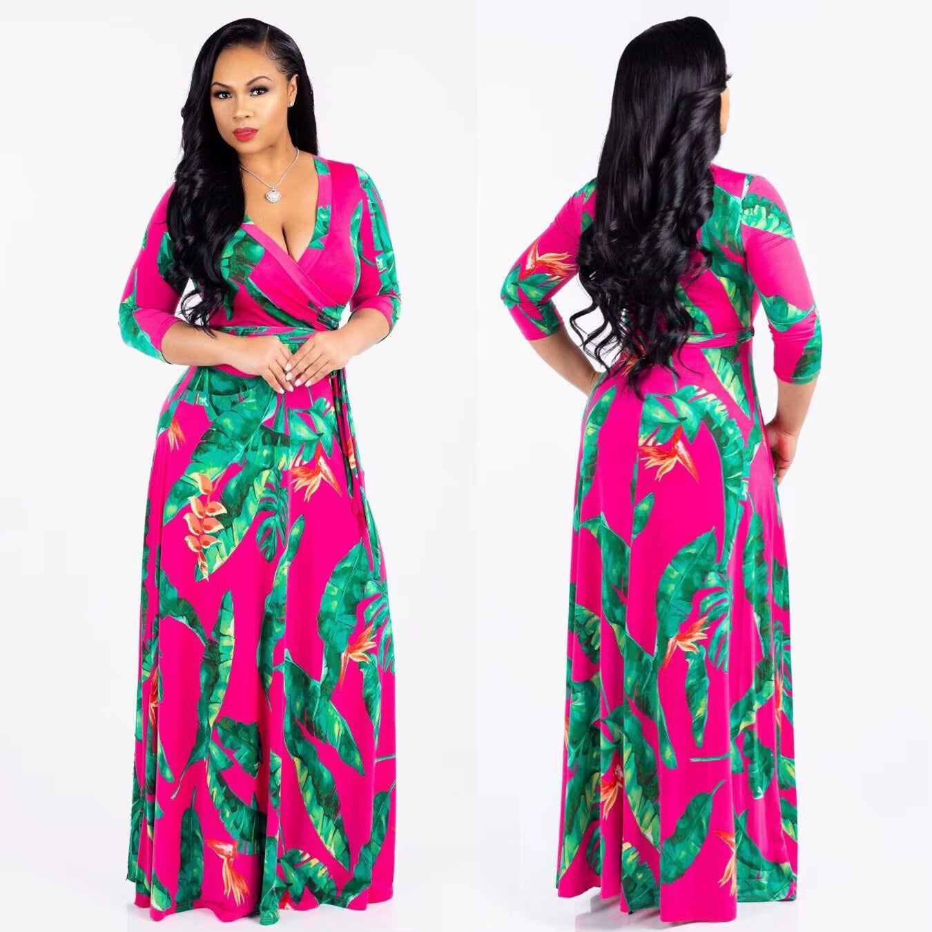 Women Sexy Bodycon Beach Bohemian Maxi Splicing Floral Print Dress for Women Casual Summer Sundress V-Neck 3/4 Sleeve