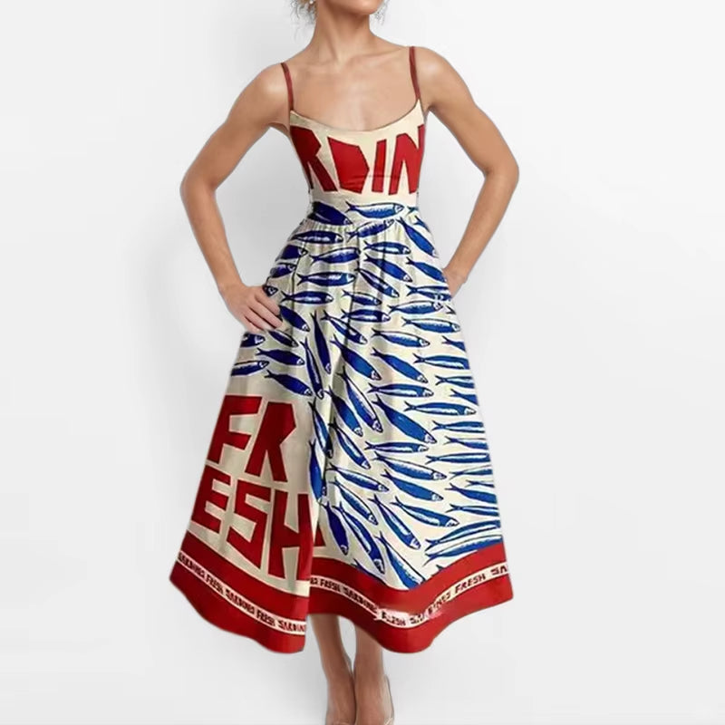 U-Neck Fish and Shrimp Print Pleated Waist Dress 