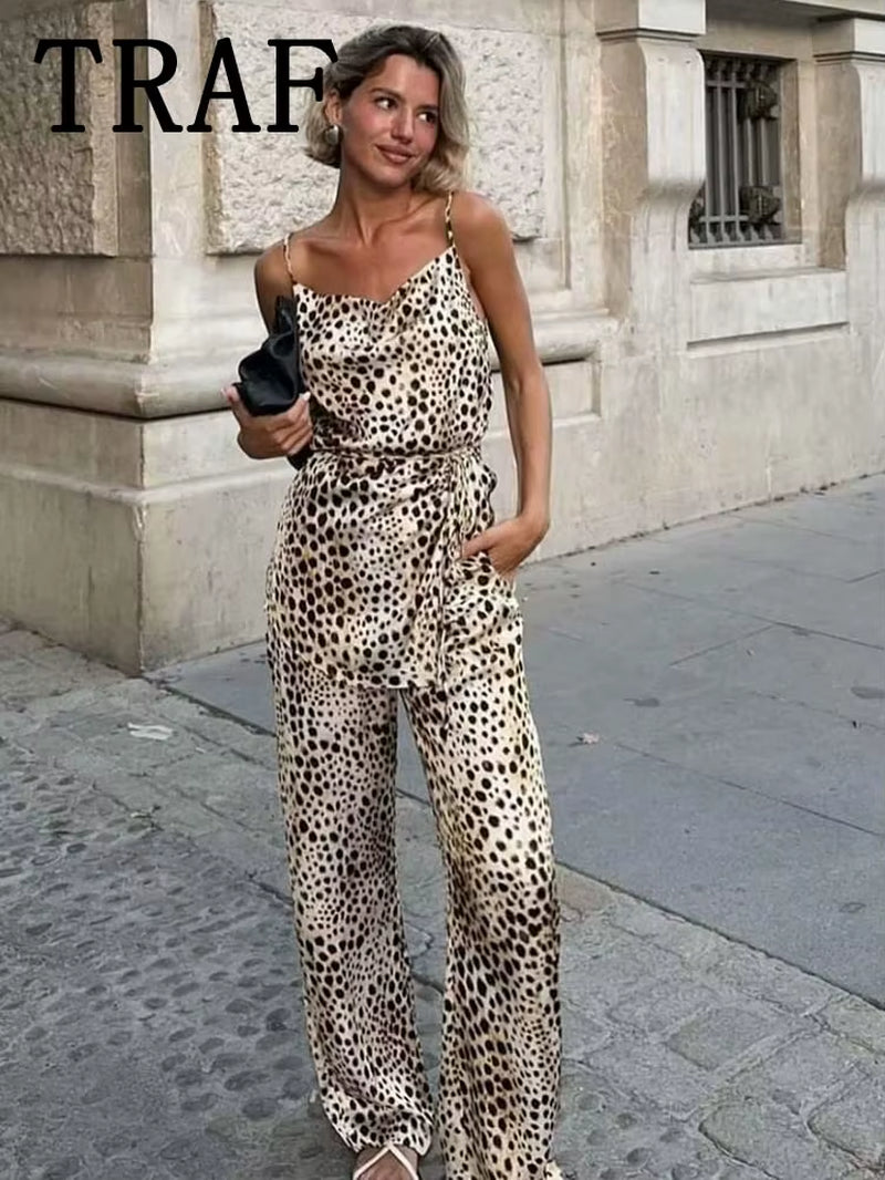 TRAF Leopard Printed Pants Sets for Women 2 Pieces 2024 New Fashion Thin Straps Top Women Suit Casual Two Piece Set Women Outfit