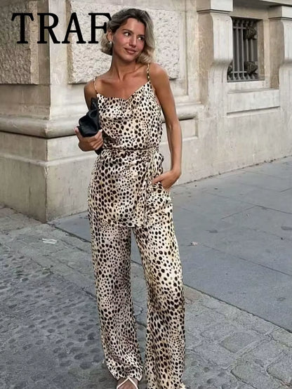 TRAF Leopard Printed Pants Sets for Women 2 Pieces 2024 New Fashion Thin Straps Top Women Suit Casual Two Piece Set Women Outfit