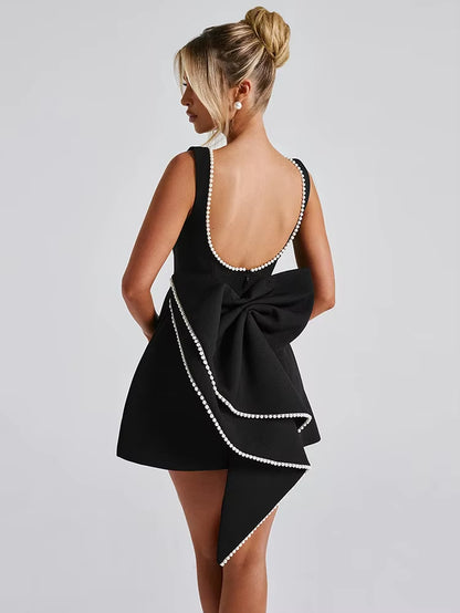 Pearl Bow Backless Sexy Mini Dress for Women Robe Fashion Zipper Sleeveless High Waist A-Line Club Party Dress Elegant