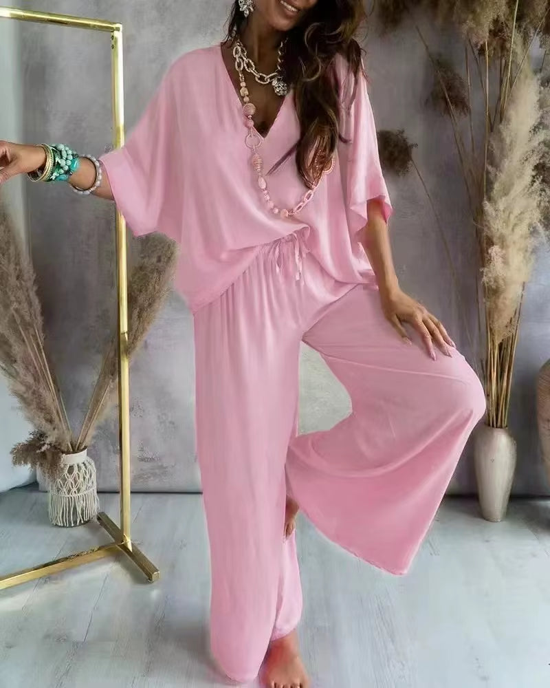Summer White Two Piece Set for Women V Neck Bat Sleeve Top Casual Loose Lace up Wide-Leg Pants 2 Piece Suit Home Outfits Women'S