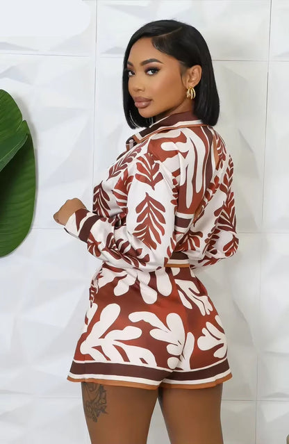 Full Sleeve Print Shirt and Irregular Shorts Suit