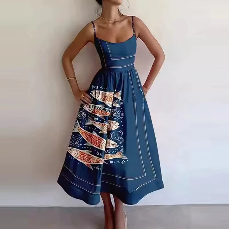 U-Neck Fish and Shrimp Print Pleated Waist Dress 