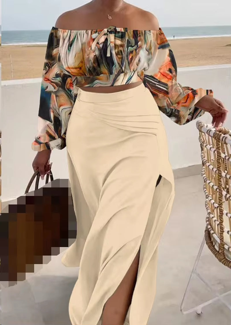 Casual off Shoulder Split Loose Long Skirt Set