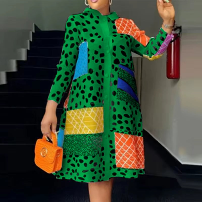 Long Sleeve Leopard Lapel Printed Dress