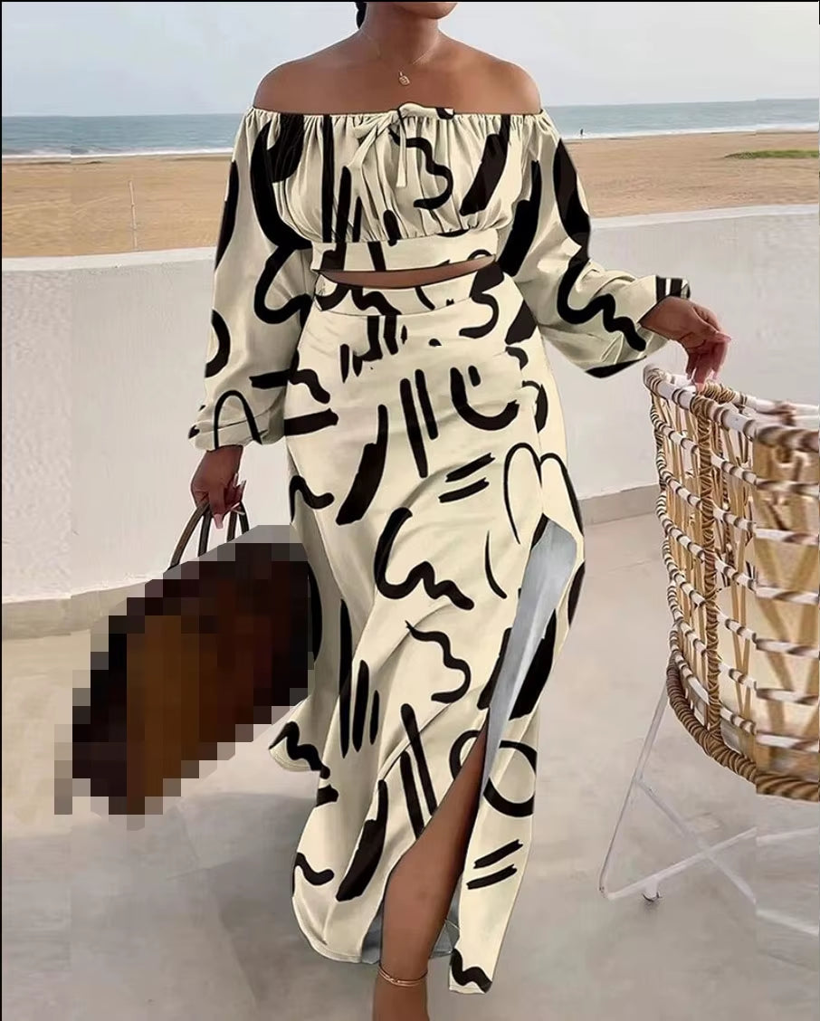 Casual off Shoulder Split Loose Long Skirt Set