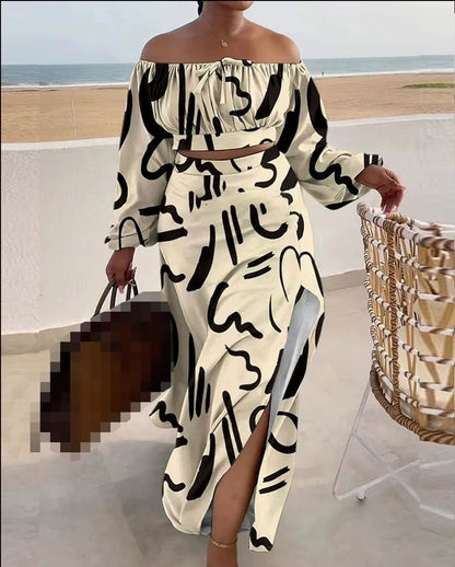 Casual off Shoulder Split Loose Long Skirt Set