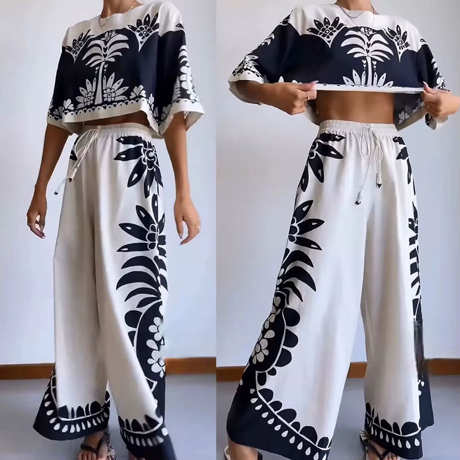 Casual O Neck Elegant Printed Loose Pants Sets