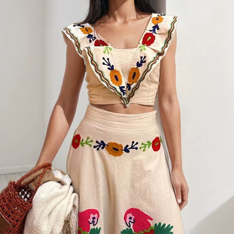 Ins Printed Ruffle Top Skirt Set