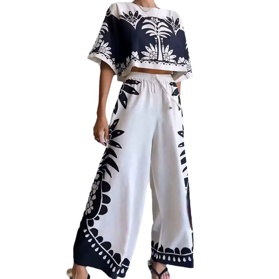 Casual O Neck Elegant Printed Loose Pants Sets