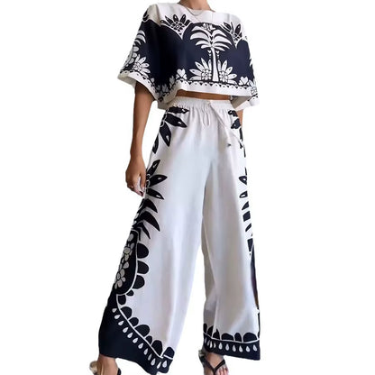 Casual O Neck Elegant Printed Loose Pants Sets