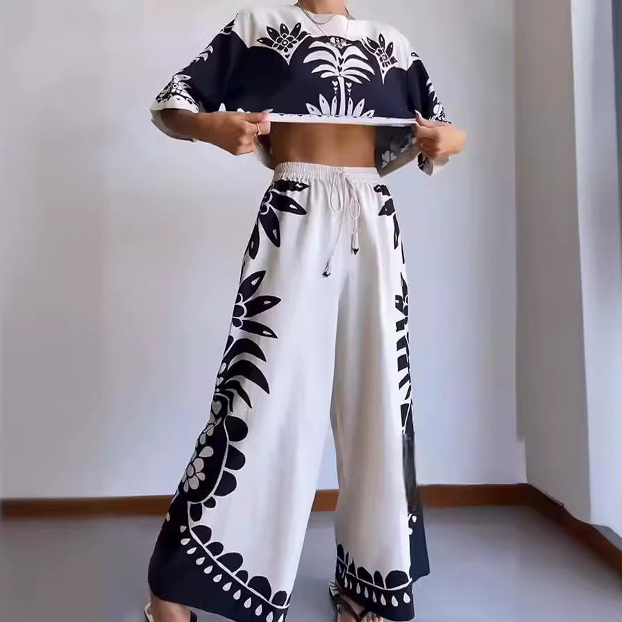 Casual O Neck Elegant Printed Loose Pants Sets